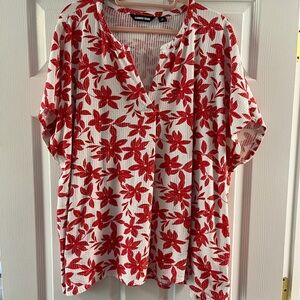 Lands' End White Top with Red Floral Print V-Neck